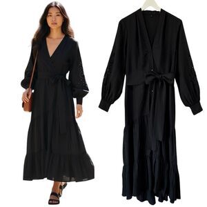 Kobi Halperin Mandie M Dress Black Eyelet Boho Maxi Linen Belted Tiered PRISTINE